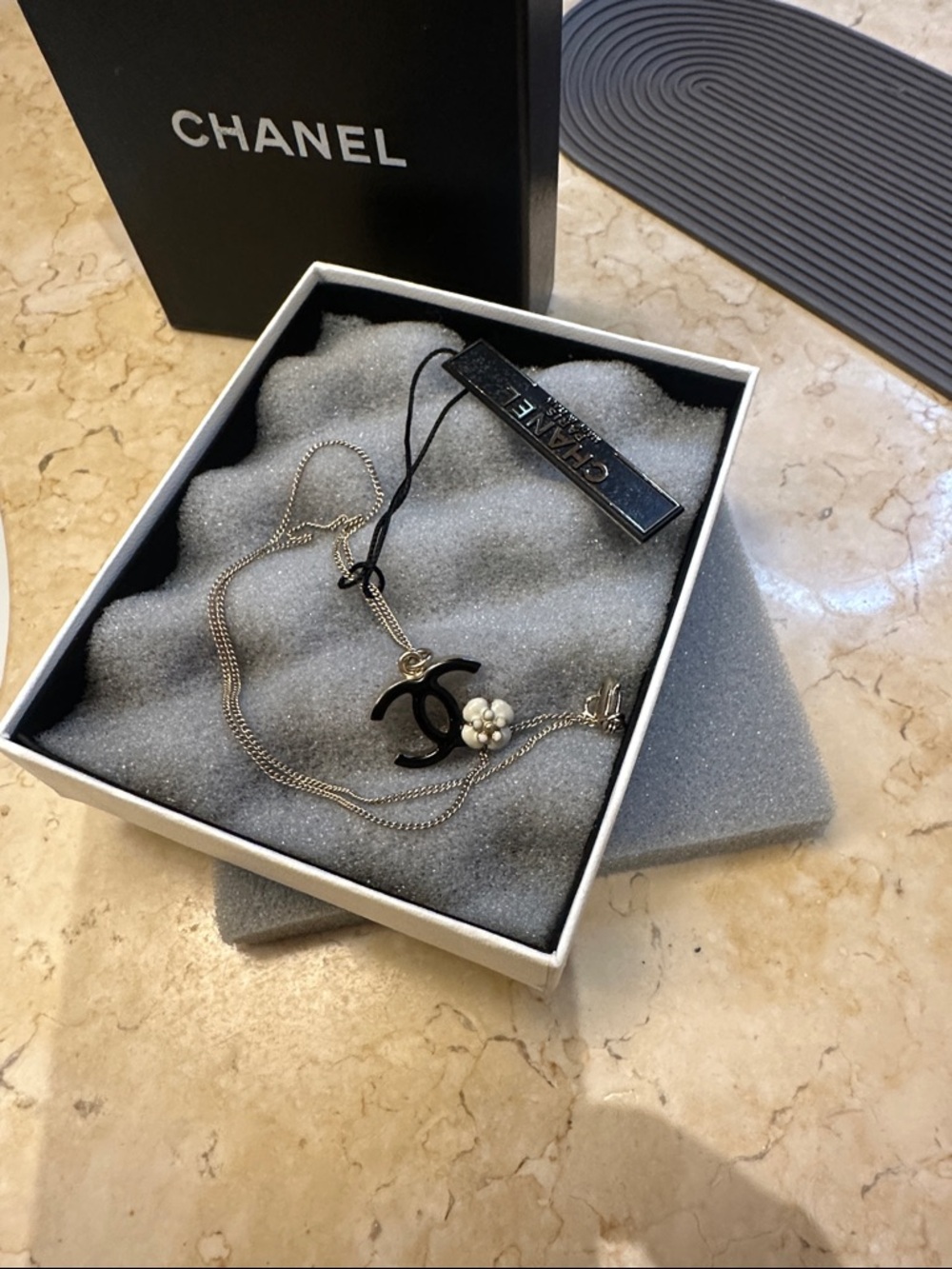 CHANEL Black CC Logo Necklace with Pearl Cluster on Silver Chain